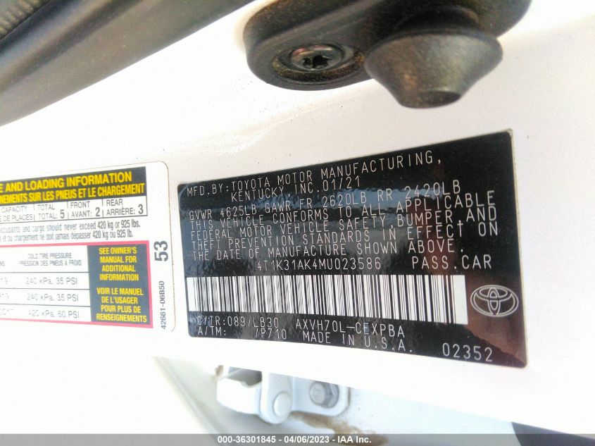 2021 TOYOTA CAMRY HYBRID XSE - 4T1K31AK4MU023586