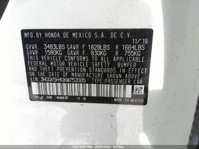 2019 HONDA FIT LX - 3HGGK5H40KM752005