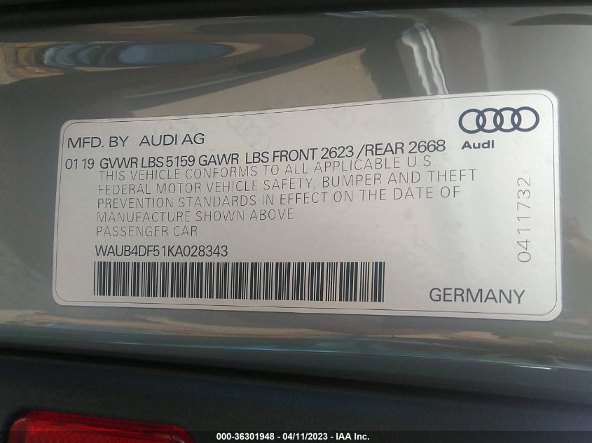 2019 AUDI S5 SPORTBACK PREMIUM PLUS WAUB4DF51KA028343