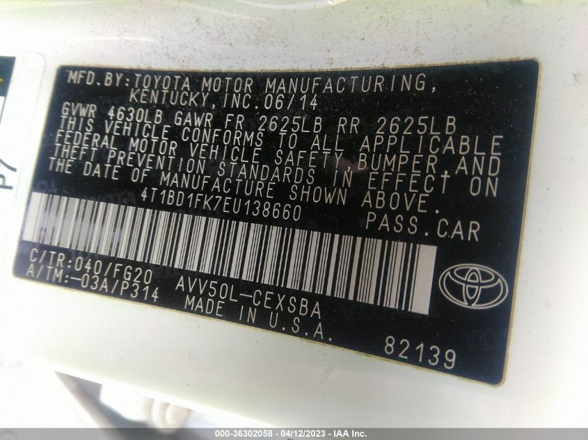 2014 TOYOTA CAMRY HYBRID LE/XLE/SE LIMITED EDITION - 4T1BD1FK7EU138660