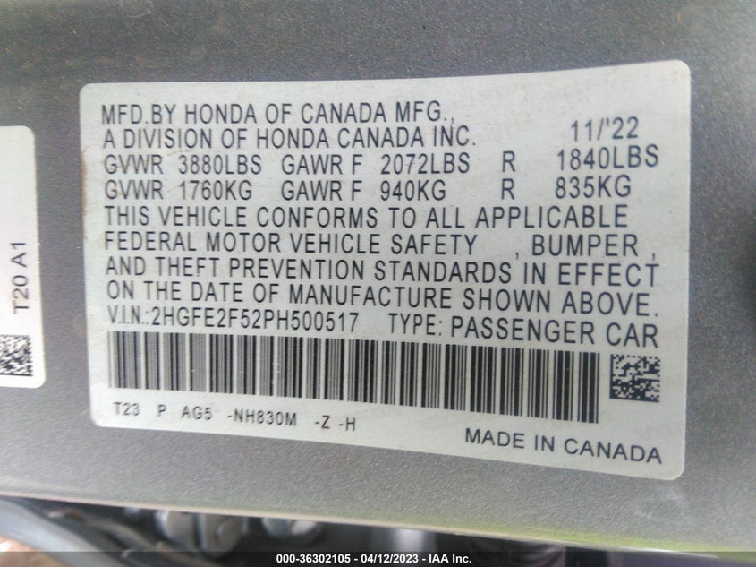 VIN 2HGFE2F52PH500517 2023 HONDA CIVIC SEDAN SPORT