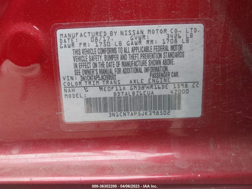 2018 NISSAN VERSA SEDAN SV 3N1CN7AP5JK398502