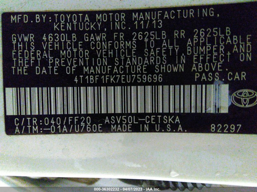 2014 TOYOTA CAMRY L/LE/XLE/SE/SE SPORT - 4T1BF1FK7EU759696