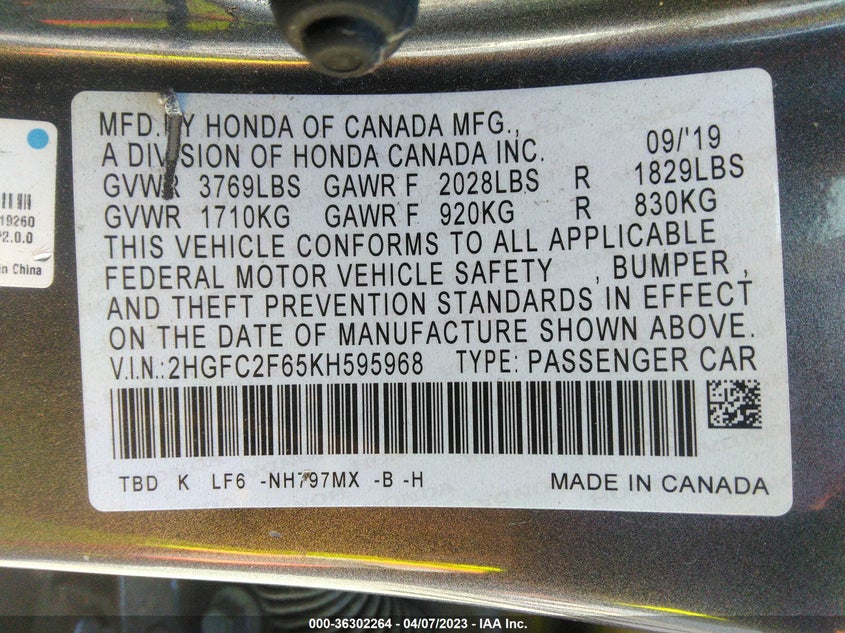 VIN 2HGFC2F65KH595968 2019 HONDA CIVIC SEDAN LX