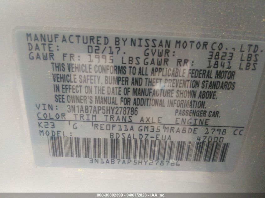 2017 NISSAN SENTRA SV - 3N1AB7AP5HY278786