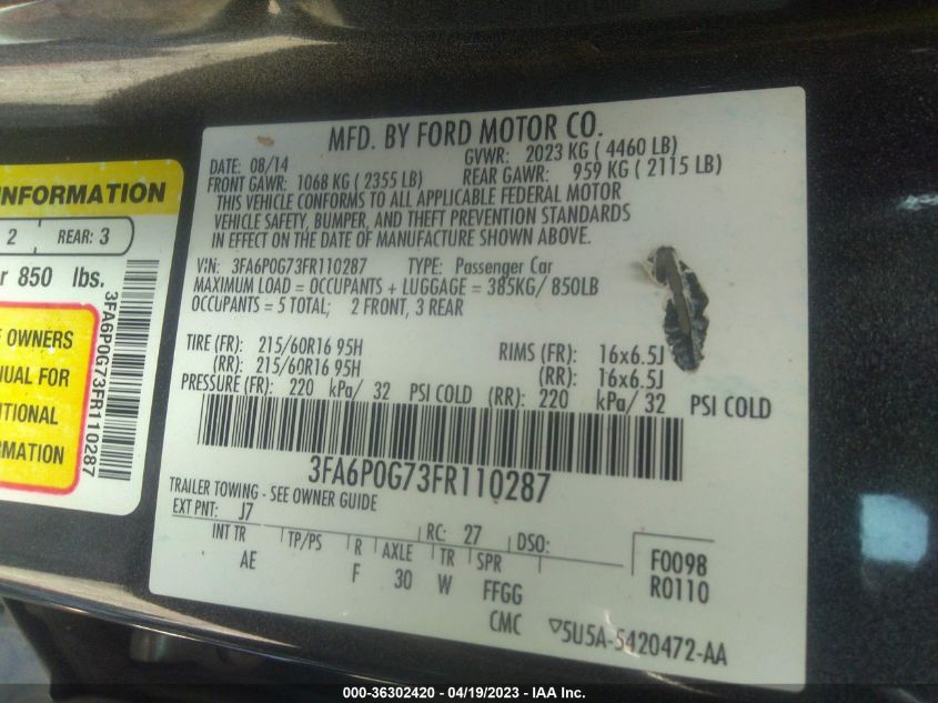 2015 FORD FUSION S - 3FA6P0G73FR110287