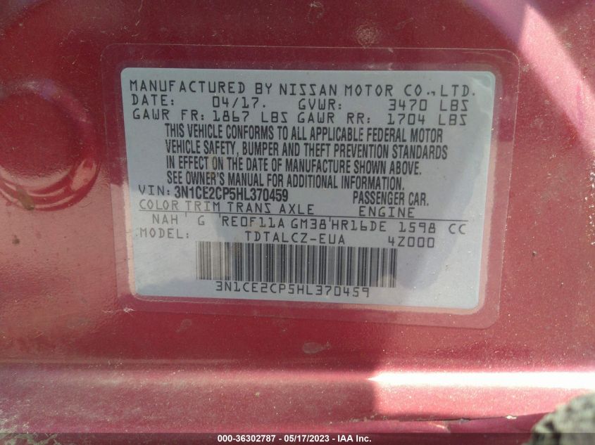 2017 NISSAN VERSA NOTE S PLUS - 3N1CE2CP5HL370459