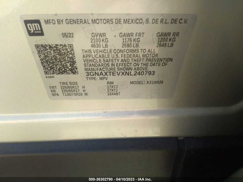 2022 CHEVROLET EQUINOX LT - 3GNAXTEVXNL240793