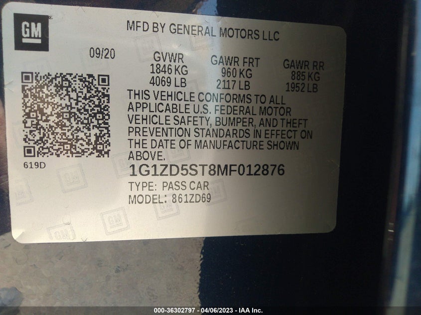VIN 1G1ZD5ST8MF012876 2021 CHEVROLET MALIBU LT
