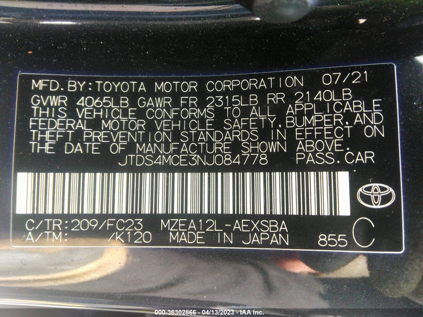 VIN JTDS4MCE3NJ084778 2022 TOYOTA COROLLA SE/SE NIGHTSHADE/APEX SE