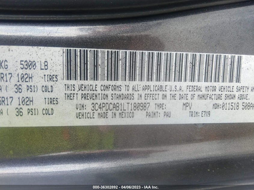 VIN 3C4PDCAB1LT180987 2020 DODGE JOURNEY SE VALUE