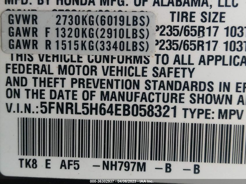 2014 HONDA ODYSSEY EX-L - 5FNRL5H64EB058321