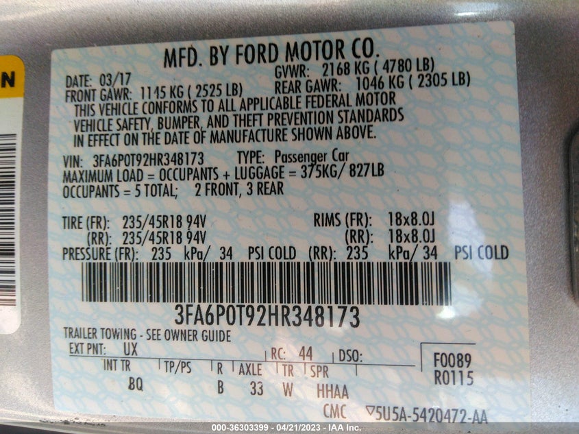 VIN 3FA6P0T92HR348173 2017 FORD FUSION SE