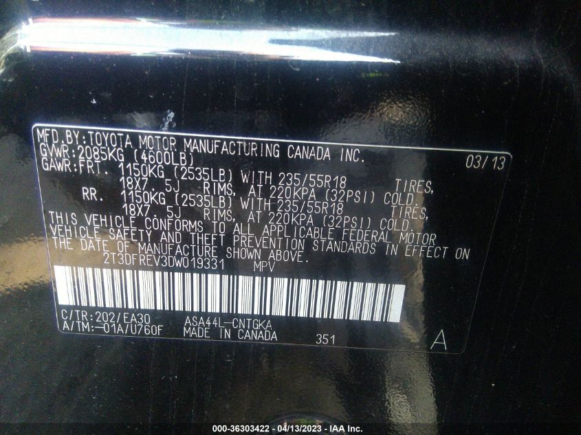 2013 TOYOTA RAV4 LIMITED - 2T3DFREV3DW019331