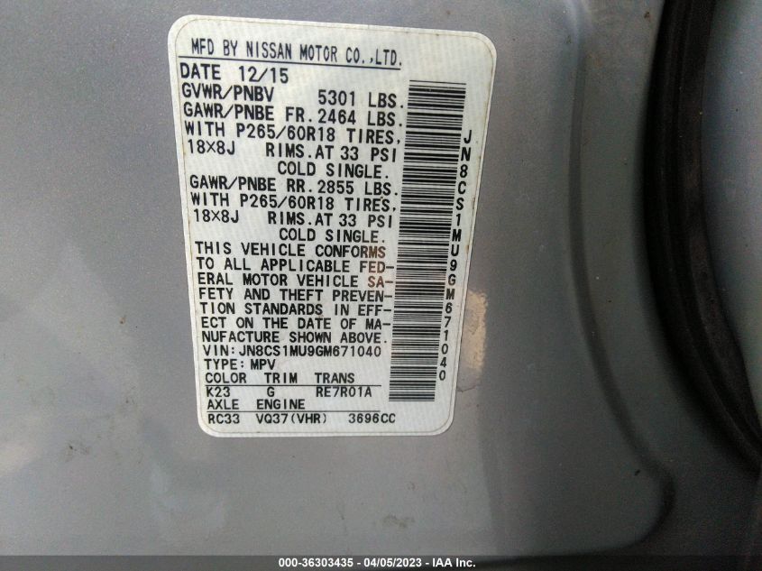 2016 INFINITI QX70 - JN8CS1MU9GM671040