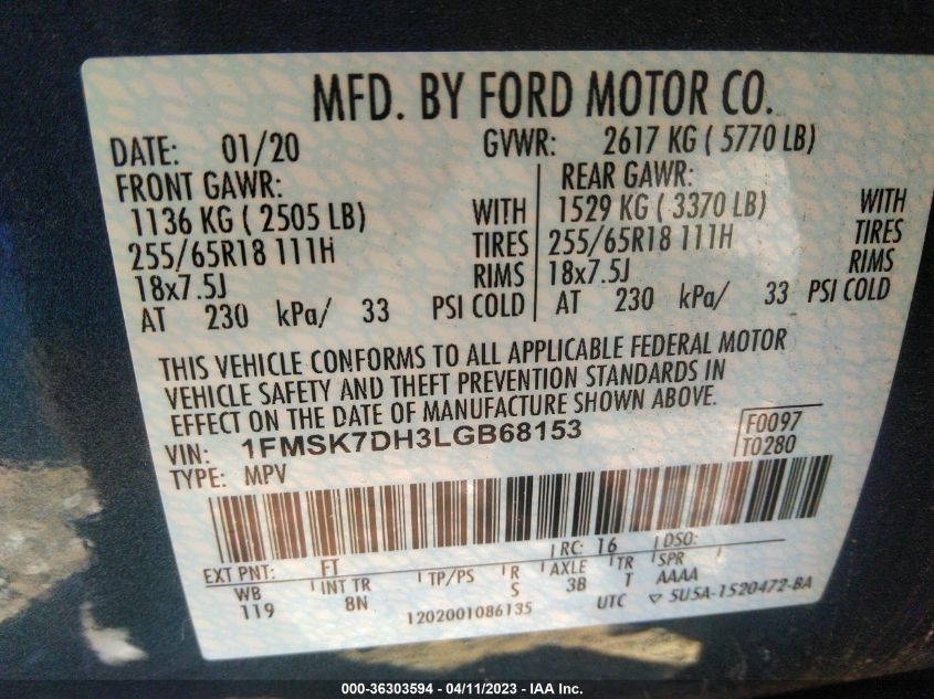 2020 FORD EXPLORER XLT - 1FMSK7DH3LGB68153