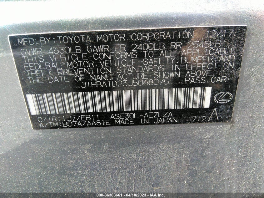 VIN JTHBA1D23J5068075 2018 LEXUS IS IS 300