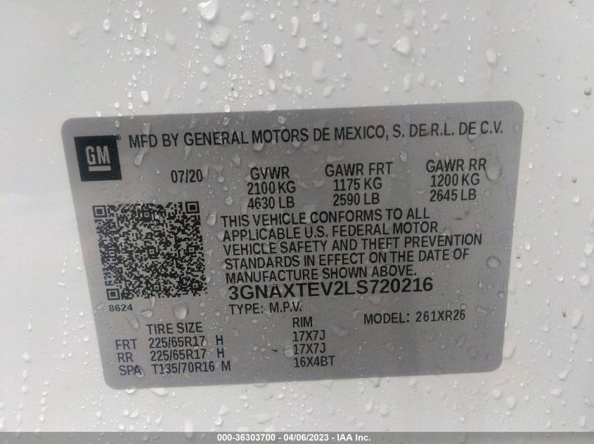 2020 CHEVROLET EQUINOX LT - 3GNAXTEV2LS720216