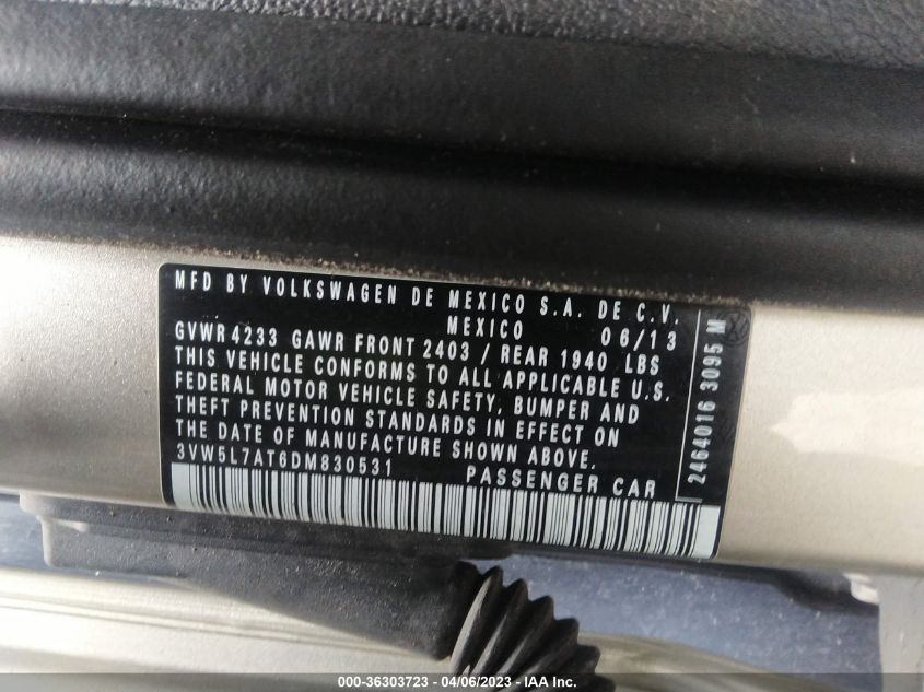 2013 VOLKSWAGEN BEETLE CONVERTIBLE 2.0L TDI 3VW5L7AT6DM830531