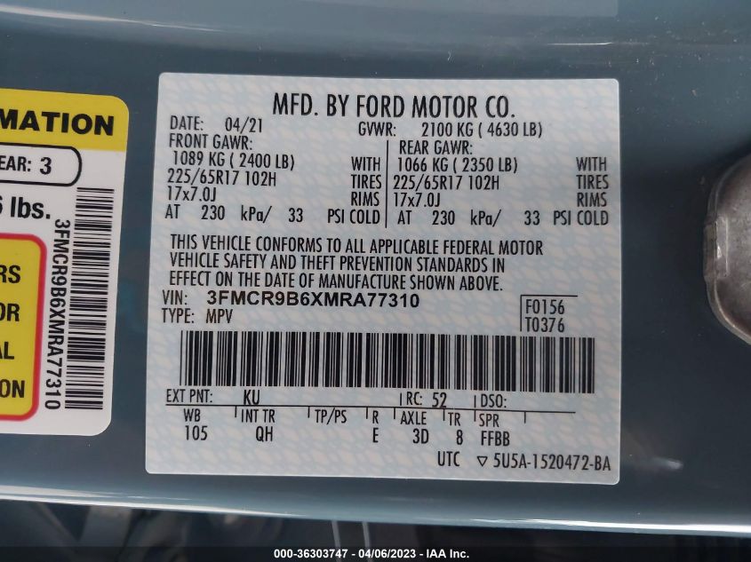 2021 FORD BRONCO SPORT BIG BEND - 3FMCR9B6XMRA77310