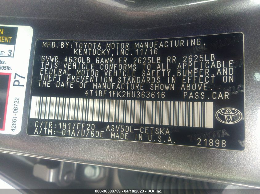 2017 TOYOTA CAMRY XLE/SE/LE/XSE - 4T1BF1FK2HU363616