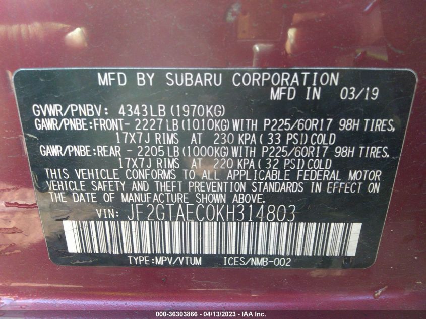 2019 SUBARU CROSSTREK PREMIUM - JF2GTAEC0KH314803
