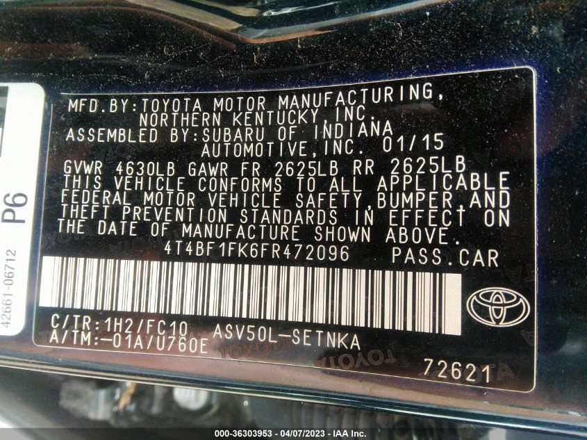 2015 TOYOTA CAMRY LE - 4T4BF1FK6FR472096