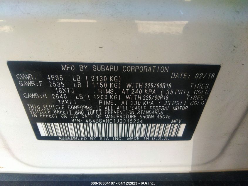2018 SUBARU OUTBACK LIMITED - 4S4BSANC1J3315204