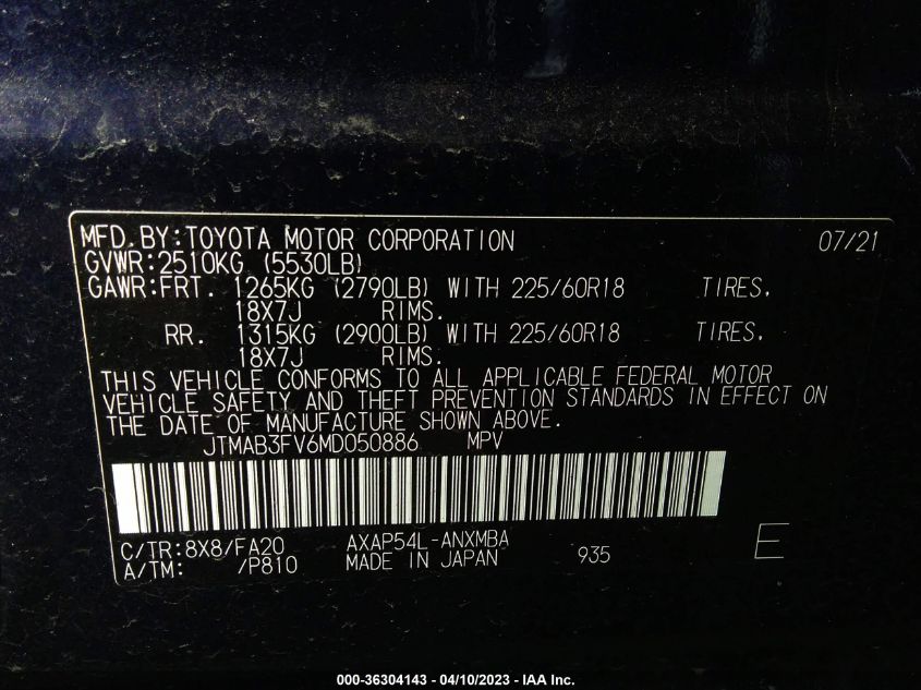 2021 TOYOTA RAV4 PRIME SE JTMAB3FV6MD050886