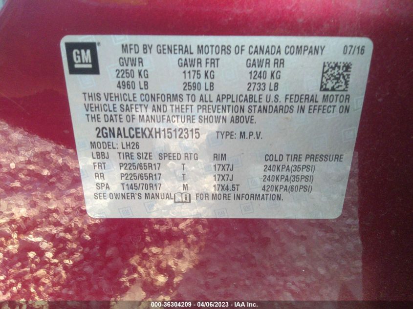 2017 CHEVROLET EQUINOX LT - 2GNALCEKXH1512315