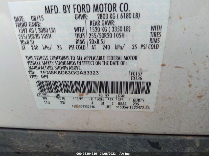 2016 FORD EXPLORER XLT - 1FM5K8D83GGA83323