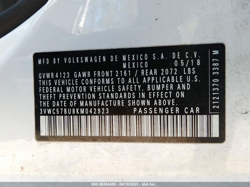 2019 VOLKSWAGEN JETTA S/SE/R-LINE - 3VWC57BU8KM042923