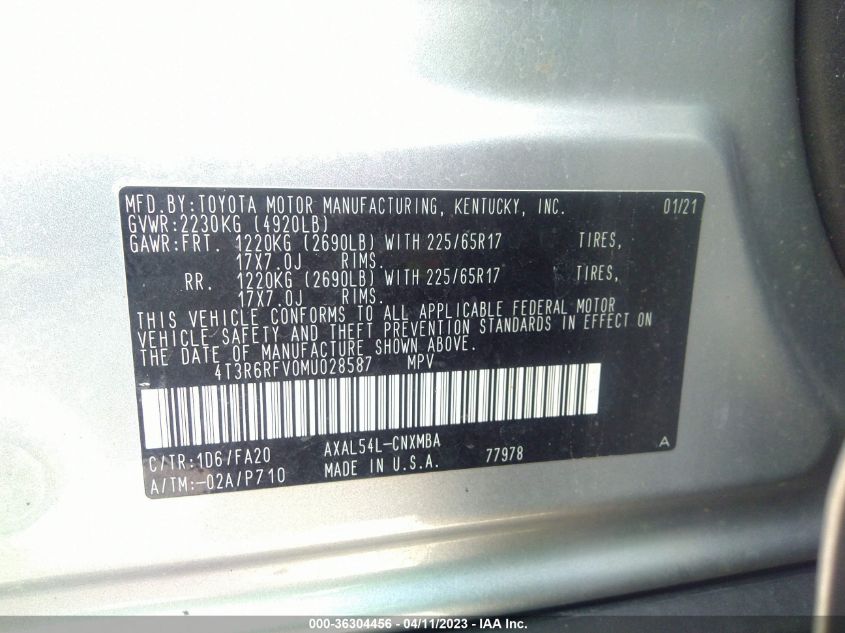 2021 TOYOTA RAV4 HYBRID - 4T3R6RFV0MU028587