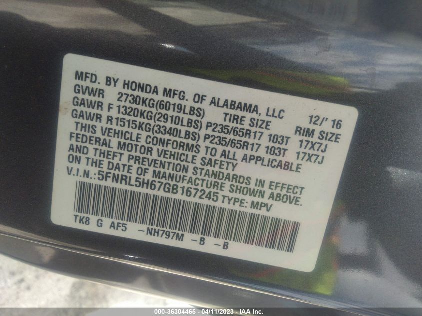 2016 HONDA ODYSSEY EX-L - 5FNRL5H67GB167245