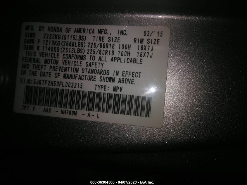 2015 HONDA CROSSTOUR EX-L - 5J6TF2H50FL003215