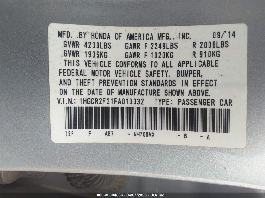 2015 HONDA ACCORD SEDAN LX - 1HGCR2F31FA010332