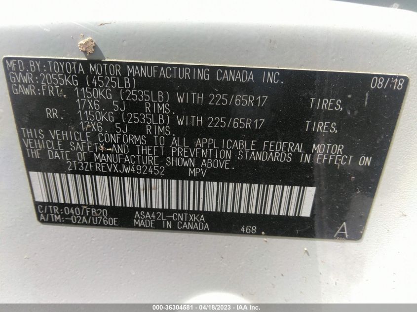 2018 TOYOTA RAV4 LE - 2T3ZFREVXJW492452