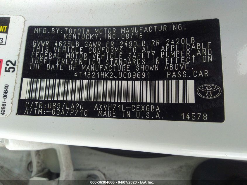 2018 TOYOTA CAMRY HYBRID - 4T1B21HK2JU009691