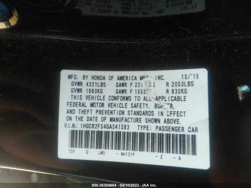 2016 HONDA ACCORD SEDAN SPORT - 1HGCR2F54GA041593