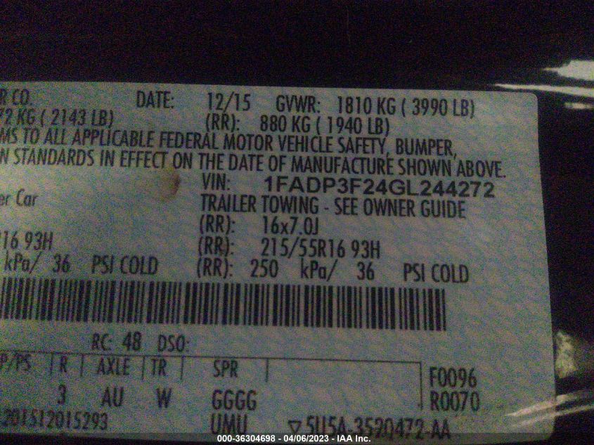 2016 FORD FOCUS SE - 1FADP3F24GL244272