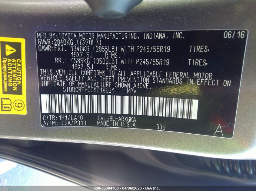 2016 TOYOTA HIGHLANDER HYBRID LIMITED - 5TDDCRFH0GS018631