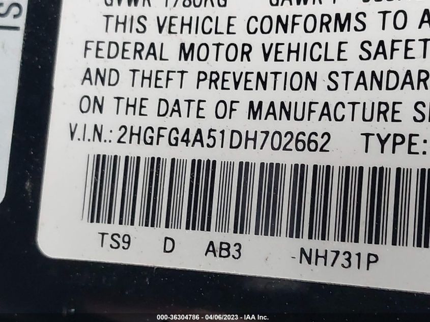 2013 HONDA CIVIC CPE SI - 2HGFG4A51DH702662