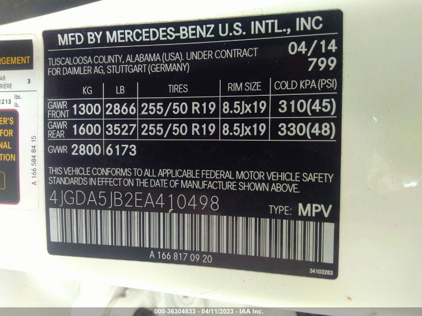 2014 MERCEDES-BENZ M-CLASS ML 350 - 4JGDA5JB2EA410498