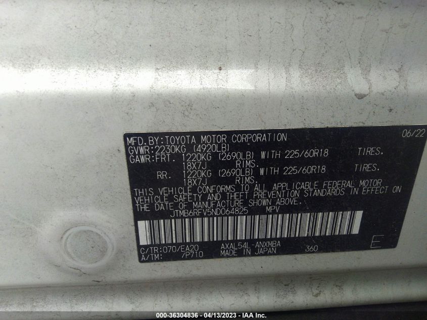 2022 TOYOTA RAV4 HYBRID XLE PREMIUM - JTMB6RFV5ND064825