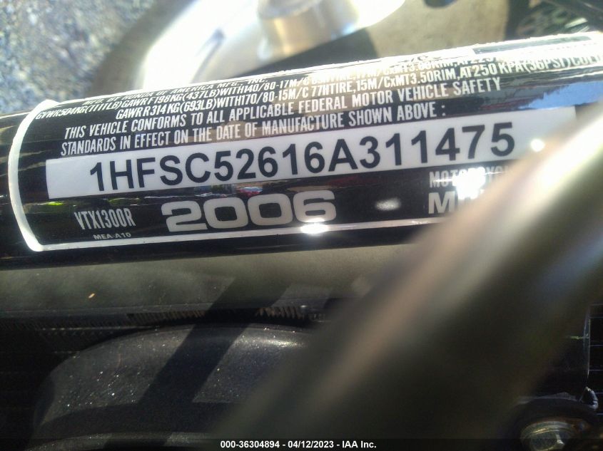 2006 HONDA VTX1300 R 1HFSC52616A311475