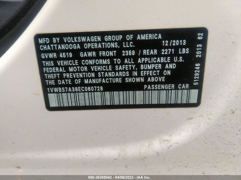 2014 VOLKSWAGEN PASSAT SE - 1VWBS7A38EC060728