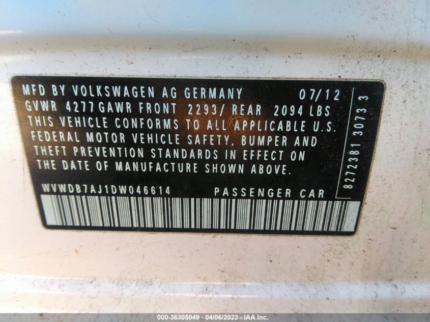 2013 VOLKSWAGEN GOLF W/CONV - WVWDB7AJ1DW046614
