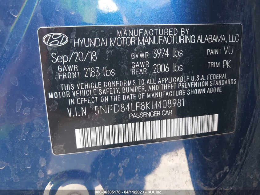VIN 5NPD84LF8KH408981 2019 HYUNDAI ELANTRA SEL