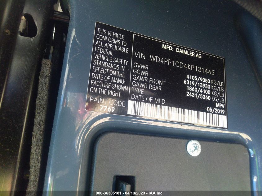 2019 MERCEDES-BENZ SPRINTER VAN WD4PF1CD4KP131465