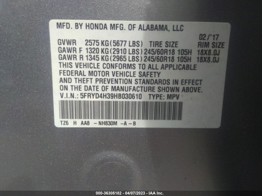2017 ACURA MDX - 5FRYD4H39HB030610